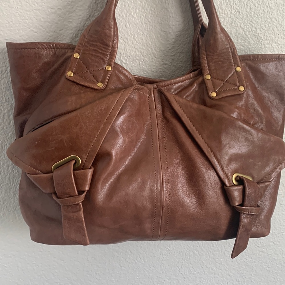 KOOBA Brown Nappa Laam Leather East West Pocket Knot Tote Shoulder Bag
